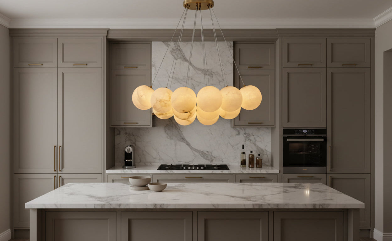 Modern kitchen with marble island, gray cabinets, and a chandelier.